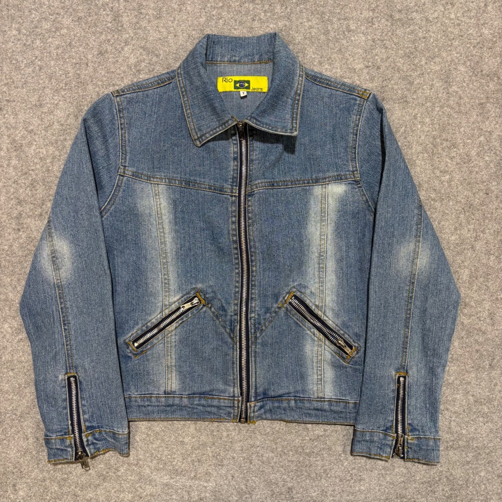 Rio Jeans Women Blue Denim Full Zip Jacket Faded Wash Zipper Cuffs Size 7